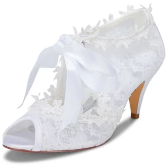 Chic Beautiful White Satin Lace Wedding Shoes 2021 Bow 6 Cm Stiletto Heels Open Peep Toe Wedding High Heels