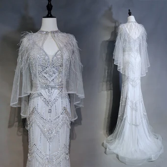 Haut De Gamme Argenté Robe De Soirée 2019 Trompette Sirène V Cou Fait Main Perlage Cristal Perle Faux Diamant Sans Manches Dos Nu Train De Balayage Robe De Ceremonie