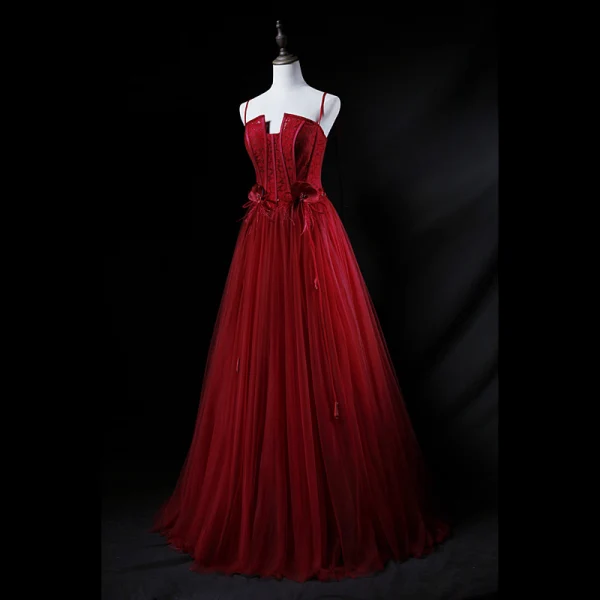 Chic / Belle Bordeaux Robe De Soirée 2019 Princesse Bretelles Spaghetti En Dentelle Fleur Paillettes Faux Diamant Sans Manches Dos Nu Longue Robe De Ceremonie