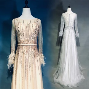High End Champagne Aftonklänningar 2019 Prinsessa Urringning Handgjort Beading Rhinestone Skärp Långärmad Fjäder Långa Formella Klänningar