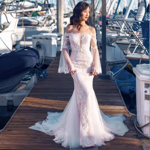 Charming Ivory Wedding Dresses 2023 Trumpet Mermaid Off The Shoulder Lace Flower Long Sleeve Backless Chapel Train