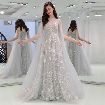 Élégant Gris Robe De Soirée 2019 Princesse Encolure Carrée Étoile En Dentelle Sans Manches Train De Balayage Robe De Ceremonie