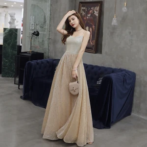 Chic Beautiful Champagne Evening Dresses 2019 A Line Princess Spaghetti Straps Star Sequins Sleeveless Backless Floor Length Long Formal Dresses
