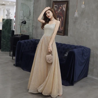 Chic Beautiful Champagne Evening Dresses 2019 A Line Princess Spaghetti Straps Star Sequins Sleeveless Backless Floor Length Long Formal Dresses