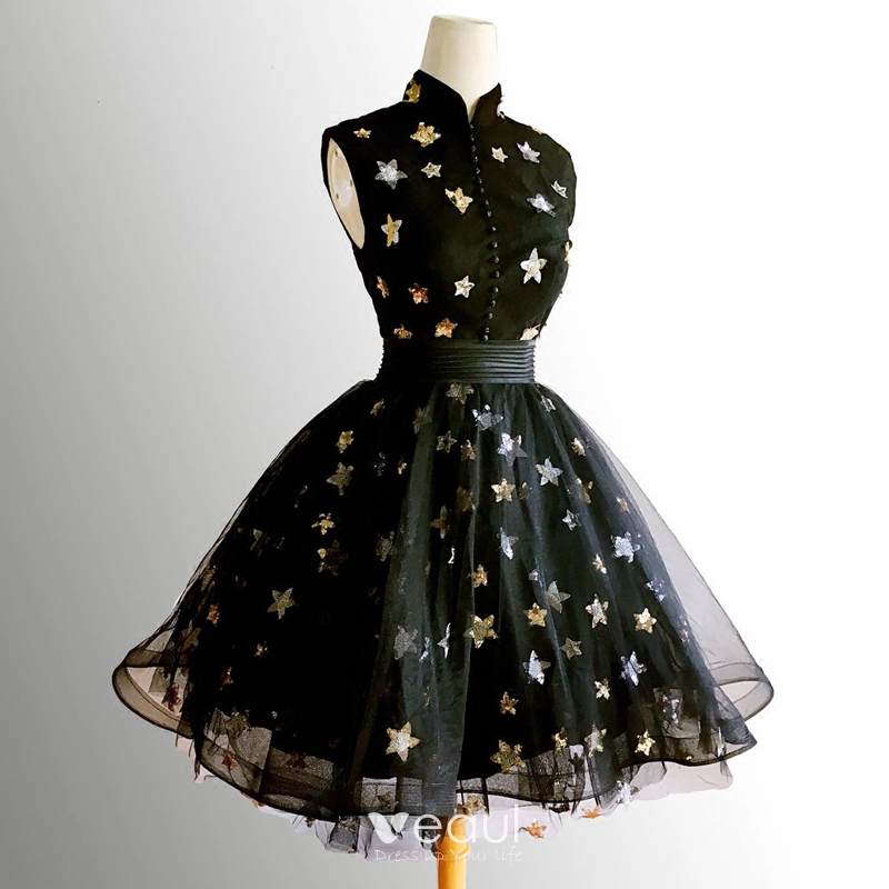 Chinese style Black Party Dresses 2018 Ball Gown Sequins Star High Neck Sleeveless Short Formal Dresses