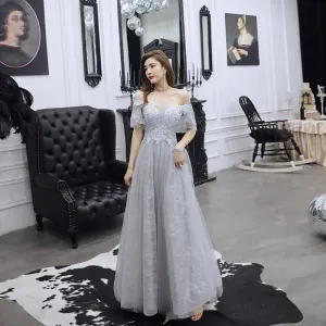 Charming Grey Evening Dresses 2019 A Line Princess Off The Shoulder Beading Pearl Rhinestone Lace Flower Short Sleeve Backless Floor Length Long Formal Dresses