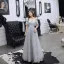 Charming Grey Evening Dresses  2019 A-Line / Princess Off-The-Shoulder Beading Pearl Rhinestone Lace Flower Short Sleeve Backless Floor-Length / Long Formal Dresses