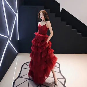 Sexy Bordeaux Robe De Soirée 2019 Princesse Bretelles Spaghetti Sans Manches Dos Nu Volants En Cascade Longue Robe De Ceremonie