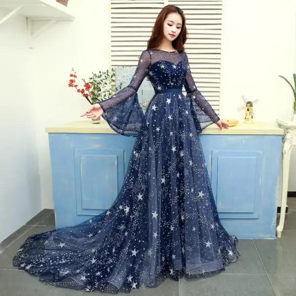 Modern / Fashion Navy Blue Evening Dresses 2019 A-Line / Princess Scoop Neck Star Sequins Bell sleeves Backless Court Train Formal Dresses