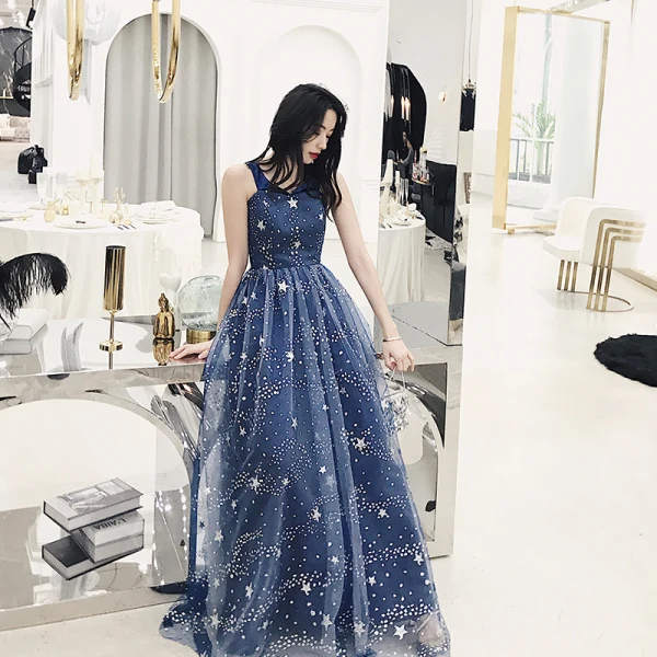 dark blue starry dress Dreamy Starry Sky Navy Blue A-Line Crew Neck Star-Patterned Tulle Trai –  Frisco Dresses