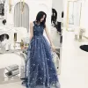 Charming Navy Blue Starry Sky Evening Dresses  2019 A-Line / Princess V-Neck Star Sequins Sleeveless Backless Formal Dresses