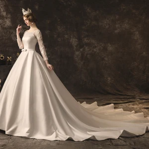 Elegant Ivory Wedding Dresses 2019 A Line Princess Scoop Neck Bow Lace Flower Long Sleeve Backless Cathedral Train