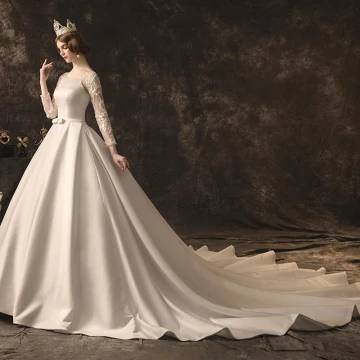Elegant Ivory Wedding Dresses 2019 A Line Princess Scoop Neck Bow Lace Flower Long Sleeve Backless Cathedral Train