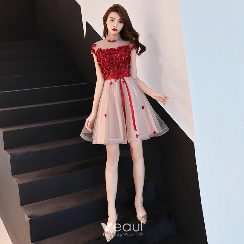 Veaul Charming Burgundy Party Dresses 2019 A Line Princess High Neck Crystal Lace Flower Cap