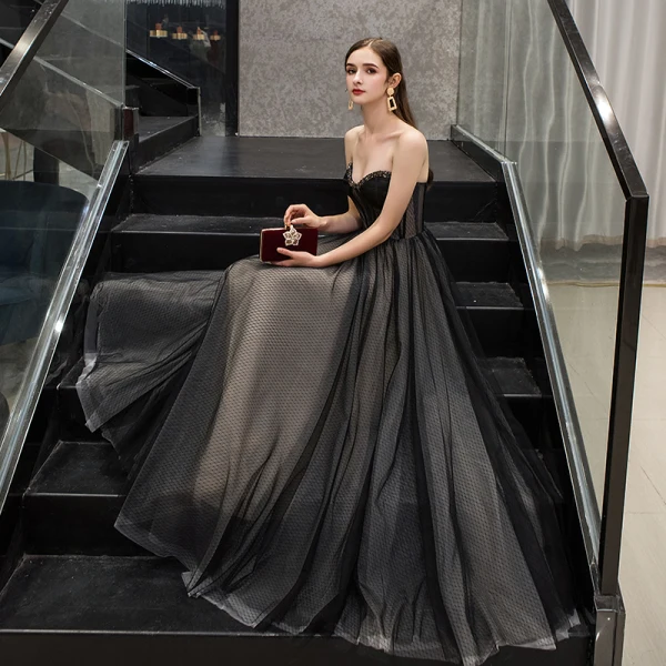 Chic / Beautiful Black Evening Dresses 2019 A-Line / Princess Sweetheart Beading Lace Flower Sleeveless Backless Floor-Length / Long Formal Dresses