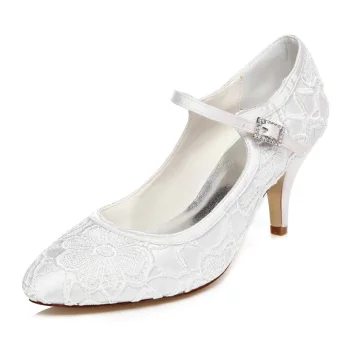 Simple Ivoire Satin Chaussure De Mariée 2021 En Dentelle Fleur Mariage 7 Cm Talons Aiguilles À Bout Pointu Escarpins Talons Hauts