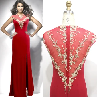 Chic Rouge Robe De Soirée 2019 Princesse Encolure Dégagée Faux Diamant En Dentelle Fleur Mancherons Fendue Devant Longue Robe De Ceremonie