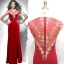 Classy Red Evening Dresses  2019 A-Line / Princess Scoop Neck Rhinestone Lace Flower Cap Sleeves Split Front Floor-Length / Long Formal Dresses