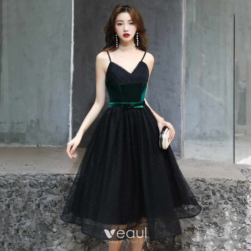 Chic / Beautiful Black Evening Dresses 2019 A-Line / Princess Suede Spaghetti Straps Bow Spotted Sleeveless Backless Tea-length Formal Dresses