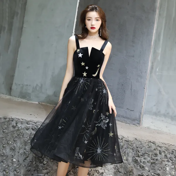 Modern / Fashion Black Homecoming Graduation Dresses 2019 A-Line / Princess Spaghetti Straps Lace Star Sleeveless Backless Tea-length Formal Dresses