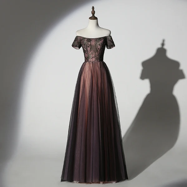 Chic Beautiful Chocolate Evening Dresses 2019 A Line Princess Off The  Shoulder Beading Lace Sequins Short Sleeve Backless Floor Length Long Formal  Dresses