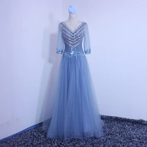 Chic / Belle Bleu Robe De Soirée 2019 Princesse V-Cou Perlage Paillettes En Dentelle Fleur 3/4 Manches Dos Nu Noeud Longue Robe De Ceremonie