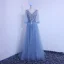 Chic / Belle Bleu Robe De Soirée 2019 Princesse V-Cou Perlage Paillettes En Dentelle Fleur 3/4 Manches Dos Nu Noeud Longue Robe De Ceremonie