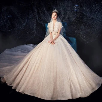 Fabuleux Champagne Robe De Mariée 2019 Princesse Col Haut Perlage Paillettes En Dentelle Fleur Manches Courtes Royal Train