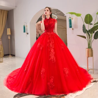 Chic Beautiful Red Wedding Dresses 2019 A Line Princess High Neck Beading Crystal Lace Flower Short Sleeve Backless Cathedral Train