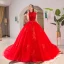 Chic / Belle Rouge Robe De Mariée 2019 Princesse Col Haut Perlage Cristal En Dentelle Fleur Manches Courtes Dos Nu Cathedral Train