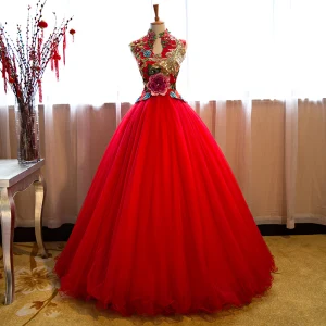 Style Chinois Transparent Rouge Robe De Bal 2019 Princesse Col Haut Perlage Paillettes Cristal En Dentelle Appliques Sans Manches Longue Robe De Ceremonie