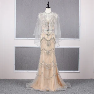 Haut De Gamme Champagne Détachable Avec Châle Robe De Soirée 2019 Trompette Sirène V Cou Fait Main Perlage Cristal Faux Diamant Sans Manches Dos Nu Train De Balayage Robe De Ceremonie