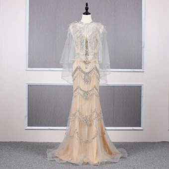 Haut De Gamme Champagne Détachable Avec Châle Robe De Soirée 2019 Trompette Sirène V Cou Fait Main Perlage Cristal Faux Diamant Sans Manches Dos Nu Train De Balayage Robe De Ceremonie