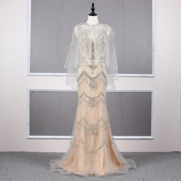High End Champagne Afneembaar Met Sjaal Avondjurken 2019 Trompet Zeemeermin V Hals Handgemaakt Kralen Kristal Rhinestone Mouwloos Ruglooze Sweep Trein Gelegenheid Jurken