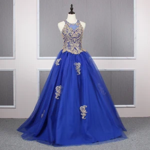 Élégant Bleu Roi Robe De Bal 2019 Princesse Encolure Dégagée Perlage Cristal Paillettes En Dentelle Fleur Sans Manches Dos Nu Longue Robe De Ceremonie
