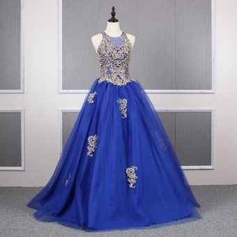 Élégant Bleu Roi Robe De Bal 2019 Princesse Encolure Dégagée Perlage Cristal Paillettes En Dentelle Fleur Sans Manches Dos Nu Longue Robe De Ceremonie