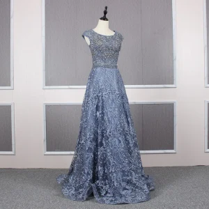 Haut De Gamme Océan Bleu Robe De Soirée 2019 Princesse Encolure Dégagée Fait Main Perlage Cristal Faux Diamant En Dentelle Fleur Sans Manches Longue Robe De Ceremonie