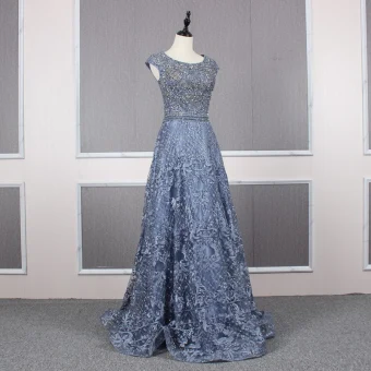 High End Oceaan Blauw Avondjurken 2019 A Lijn Ronde Hals Handgemaakt Kralen Kristal Rhinestone Kant Bloem Mouwloos Lange Gelegenheid Jurken