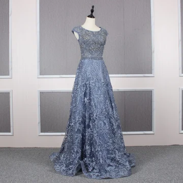 High End Oceaan Blauw Avondjurken 2019 A Lijn Ronde Hals Handgemaakt Kralen Kristal Rhinestone Kant Bloem Mouwloos Lange Gelegenheid Jurken
