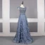 Haut de Gamme Océan Bleu Robe De Soirée 2019 Princesse Encolure Dégagée Fait main Perlage Cristal Faux Diamant En Dentelle Fleur Sans Manches Longue Robe De Ceremonie