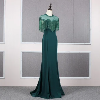 Vintage Originale Vert Foncé Robe De Bal 2019 Trompette Sirène Encolure Dégagée Fait Main Perlage Gland Paillettes Manches Courtes Dos Nu Train De Balayage Robe De Ceremonie
