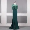 Vintage / Retro Dark Green Prom Dresses 2019 Trumpet / Mermaid Scoop Neck Handmade  Beading Tassel Sequins Short Sleeve Backless Sweep Train Formal Dresses