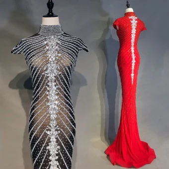 Luxe Noire Robe De Soirée 2019 Trompette Sirène Col Haut Fait Main Perlage Cristal Faux Diamant Mancherons Train De Balayage Robe De Ceremonie