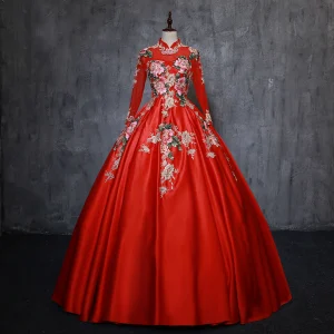 Style Chinois Vintage Originale Rouge Quinceañera Robe De Bal 2019 Robe Boule Col Haut Perle En Dentelle Fleur Manches Longues Dos Nu Longue Robe De Ceremonie