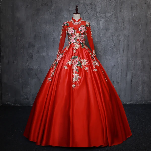 Chinese style Vintage Retro Red Quinceaera Prom Dresses 2019 Ball Gown High Neck Pearl