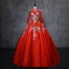 Chinese style Vintage / Retro Red Quinceañera Prom Dresses 2019 Ball Gown High Neck Pearl Lace Flower Long Sleeve Backless Floor-Length / Long Formal Dresses