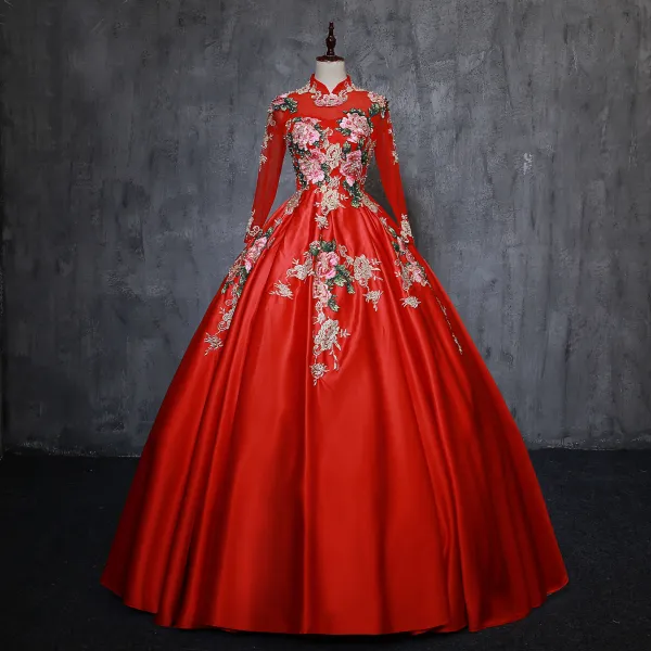 Chinese style Vintage / Retro Red Quinceañera Prom Dresses 2019 Ball Gown High Neck Pearl Lace Flower Long Sleeve Backless Floor-Length / Long Formal Dresses