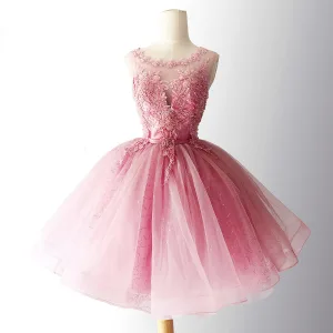 Fine Sukkertøyrosa Festkjoler 2018 Ballkjole Beading Krystall Blonder Appliques Sash Scoop Halsen Uten Ermer Ryggløse Korte Formelle Kjoler