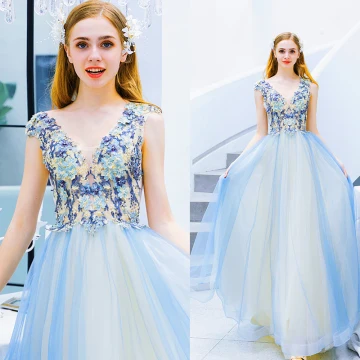 Modern Fashion Sky Blue Evening Dresses 2019 A Line Princess V Neck Beading Pearl Rhinestone Lace Flower Sleeveless Backless Sweep Train Formal Dresses