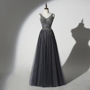 Scintillantes Gris Noire Robe De Soirée 2019 Princesse V Cou Fait Main Perlage Paillettes Sans Manches Dos Nu Longue Robe De Ceremonie